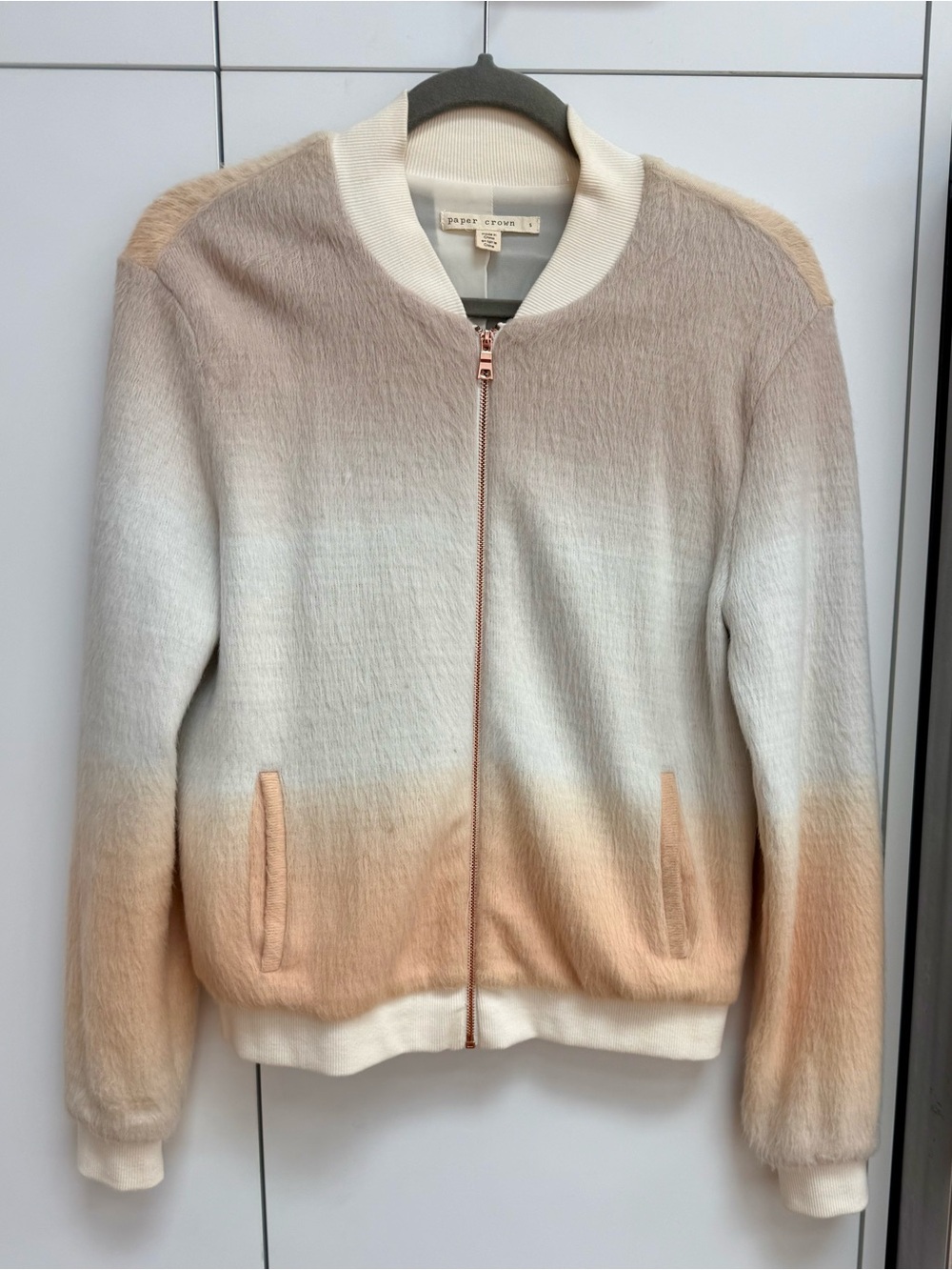 Women’s Ombre Cream-to-Tan Bomber Jacket- faux fur. Anthropologie. Paper Crown